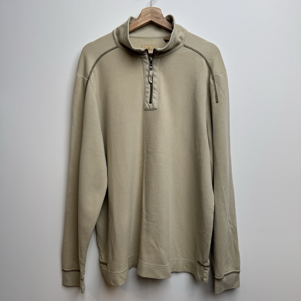 Tommy Bahama Jeans Sweatshirt Men's XL Beige 1/4 Zip‎ Mock Neck Cotton Knit Fish